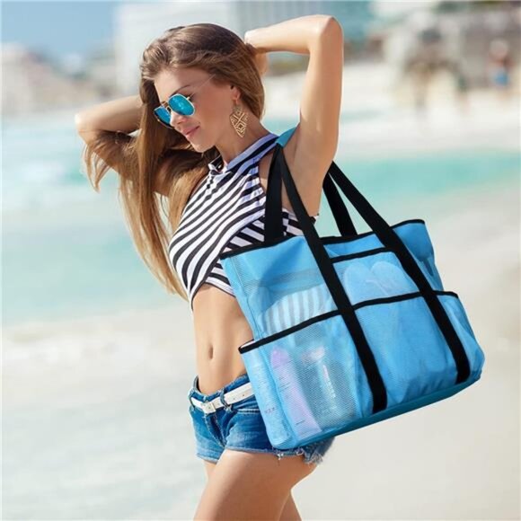 Beach Bags for Women, Mesh Beach Bag for Women Swim Pool Bag Beach Tote Bag - Picture 6 of 7